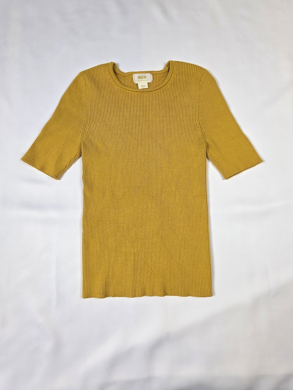 Maeve by Anthropologie Mustard Yellow Ribbed Short Sleeve Knit Sweater Top S